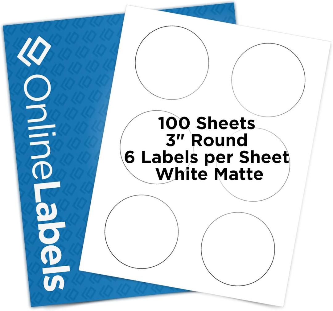 OnlineLabels 3" Round Labels – Removable Adhesive, White Matte – Great for Jar Lids, Product Labels, & More – for Inkjet & Laser Printers –Pack of 600, 100 Sheets OL2279WX