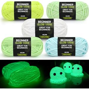 5x50g Glow in The Dark Yarn Set for Crocheting and Knitting; 5x51m (60yds) Yarn for Beginners with Easy-to-See Stitches; Worsted-Weight Medium #4; Beginners Crochet Kit