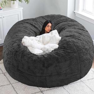 Bean Bag Chair for Adults Without Filler Soft Cover for Stuffed Animal Storage Lazy Sofa Bedroom Chair Floor Chair, Black, 5FT
