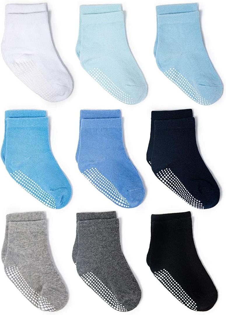 ZAPLES Baby Boys Non Slip Grip Crew Socks with Anti Skid Soles for Infants Toddlers Kids, Boys, 6-12 Months