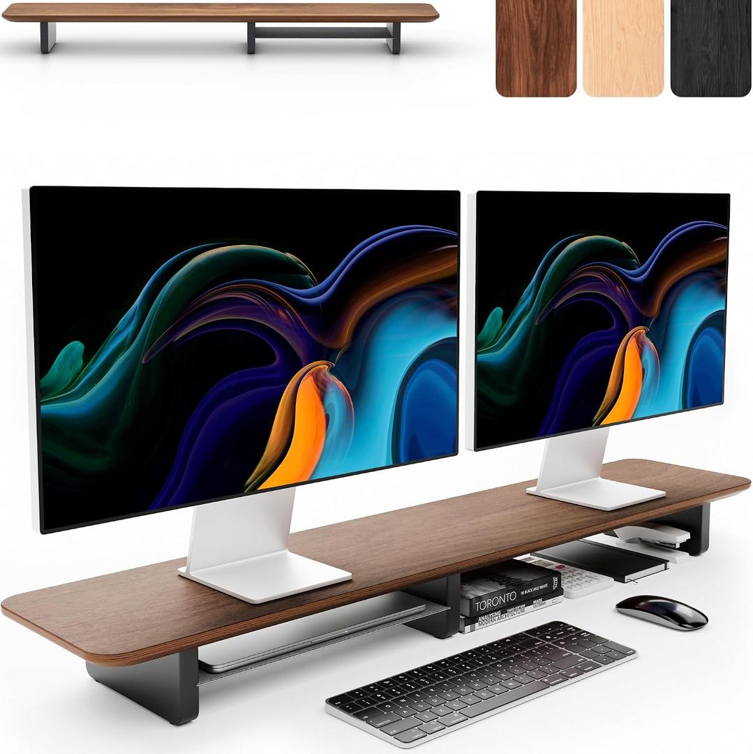 KIVY Dual Monitor Riser with Integrated Metal Shelf - Wooden desk shelf for top of desk - Wood monitor stand for desk 2 monitors / tv - Dual monitor stand riser for desk - Large walnut monitor stand,Walnut Wood