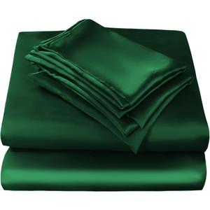 JSD Emerald Green Satin Sheet Set Full Size, 4 Piece Silky Bed Sheets Extra Deep Pocket, Good for Hair and Skin