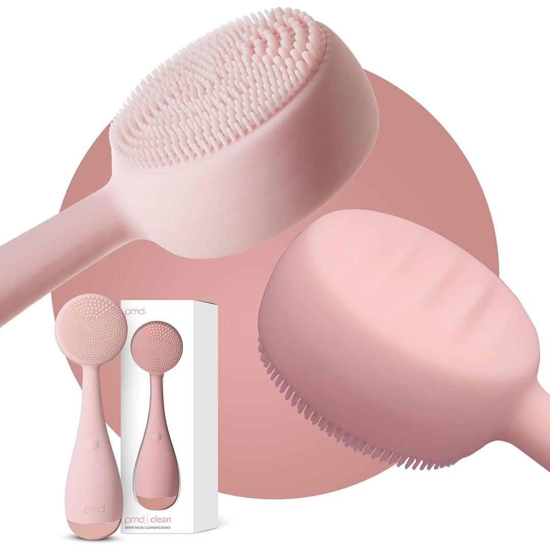 Clean, Acne, and Redvolution - Electric Facial Cleansing Brush, Smart Facial Device with Silicone Brush & Anti-Aging Massager, Red and Blue LED Light (Blush)