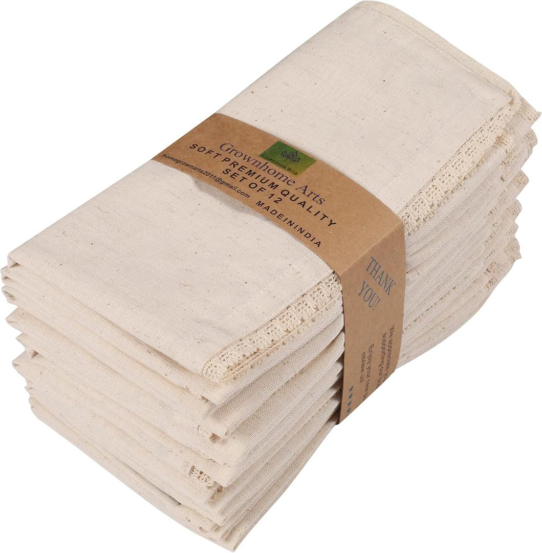 Ivory lace Cotton Linen 85% Cotton 15% Linen 12 pcs Set size-12x12 inches Dinner Napkins Everyday Use Premium Quality Over Sized Cloth Napkins Hemmed Ultra Soft Durable Hotel Quality
