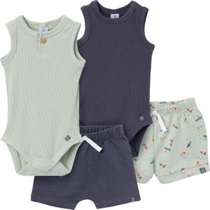 Modern Moments by Gerber Baby Boys' Ribbed 4-piece Sleeveless Bodysuit & French Terry Short Set, 0-3 Months 