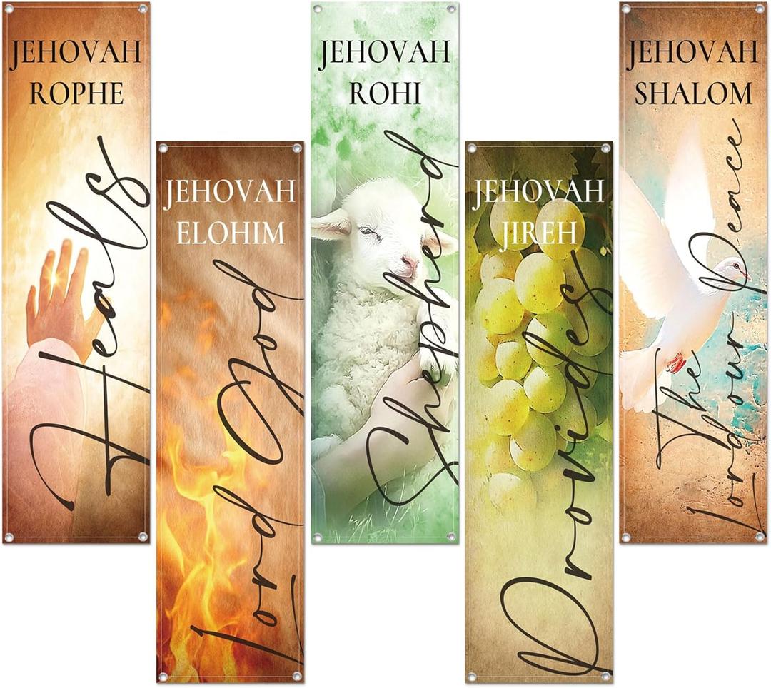 FuWeave 5 Pcs Church Banners 2ft x 6ft Mother Day Church Banners Names of God Sanctuary Christian Decor Jehovah Rophe Religious Hanging Signs for Wall Welcome Backdrop Inspirational Sunday Event Gift