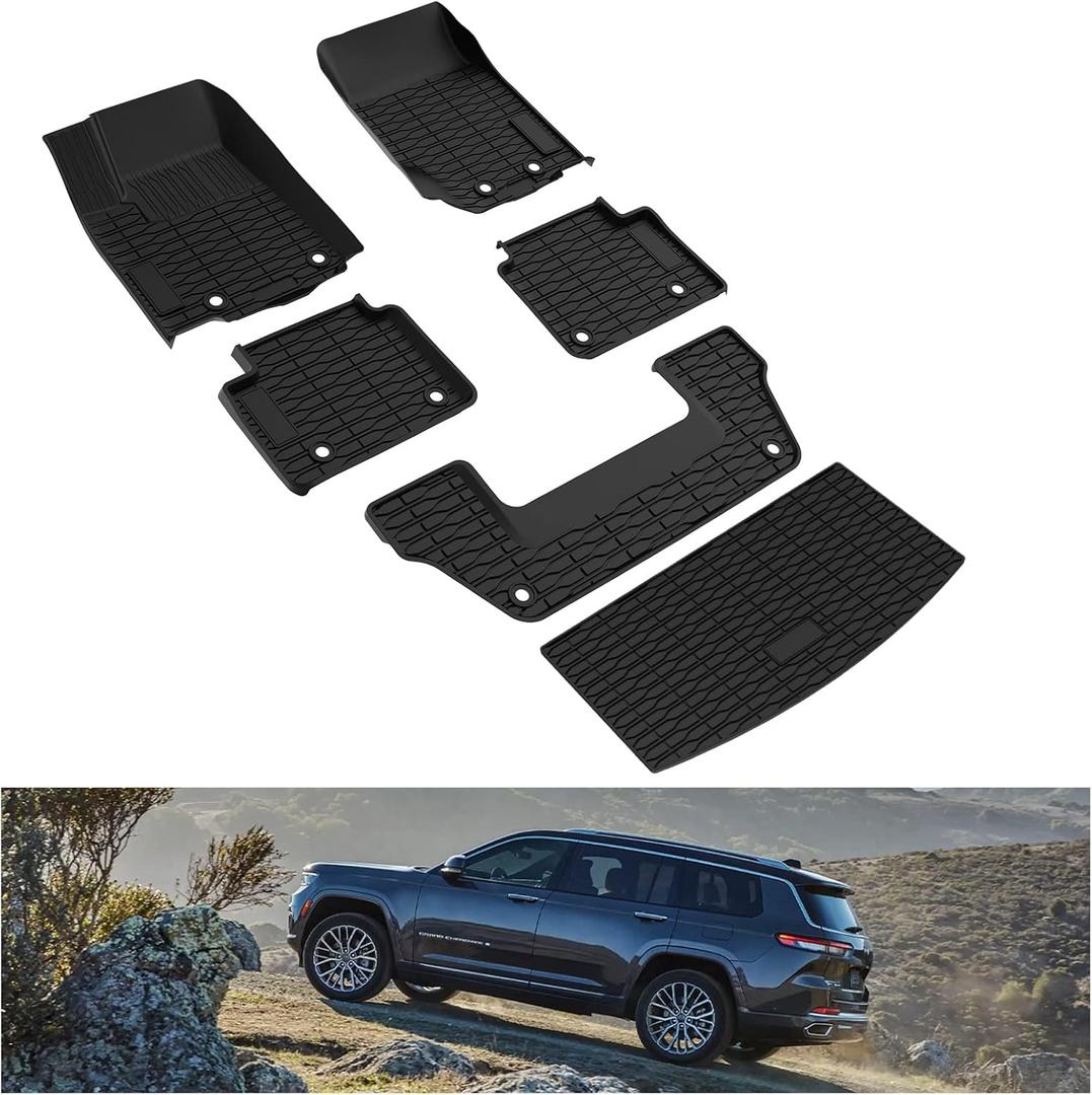 KIWI MASTER Floor Mats & Cargo Liner for 2021-2025 Jeep Grand Cherokee L OEM Replacement 82216640AA 82216646AA All Weather Custom Fit Trunk Mat Front Rear 3-Row Tray Liners Black