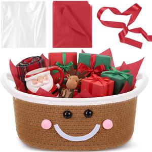 Zopeal Christmas Woven Basket with Gift Bag, Ribbon and Red Tissue Paper Gingerbread Man Emoticon Woven Bin Empty Shelf Basket Holiday Decorative for Xmas Gifts, 12 x 8 x 5 inch