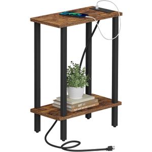 TUTOTAK Small End Table with Charging Station, Narrow Side Table with USB Ports and Outlets, Skinny Sofa Table, Slim Nightstand, Living Room, Bed Room, Brown TB01BB060 (2-tier)