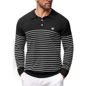 Mens Polo Collar Shirts Casual Long Sleeve Button Sweater(S-2XL) (Black)