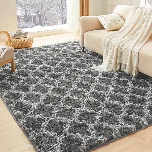 Litanika 3x5 Geometric Shag Area Rug for Bedroom, Dark Grey and White High Pile Ultra Soft Plush Shaggy Furry Bedside Playroom Dorm Carpet, Non-Slip, Non-Shedding Indoor Floor Rug