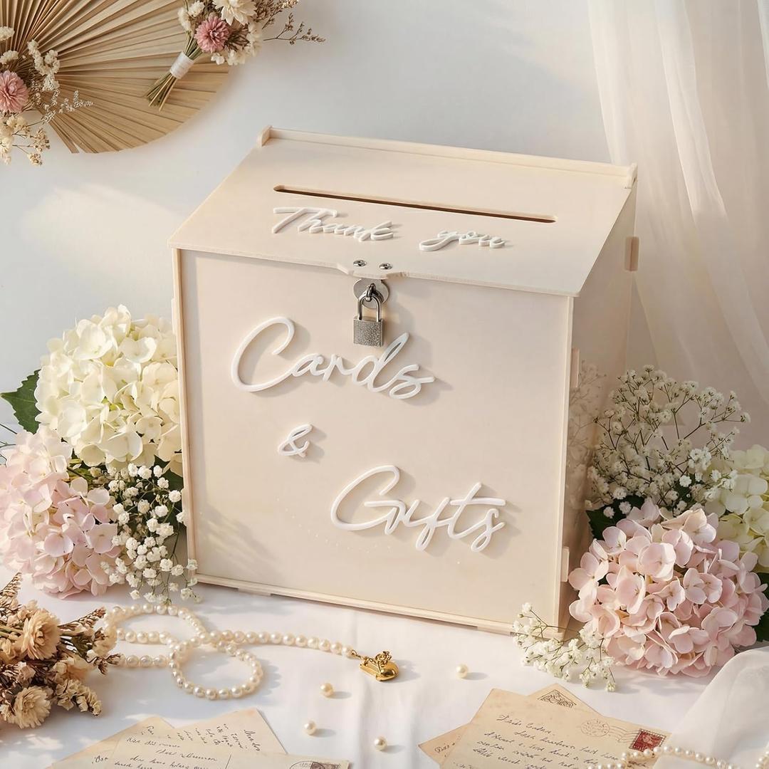 BreezeHug Light Pink Acrylic Wedding Card Box with Slot and Lock, 10 x 6 x 10 in Large Money Gift Box with DIY White Letters Cards Gifts/Thank You Letters, Baby Shower Graduation Birthday Party
