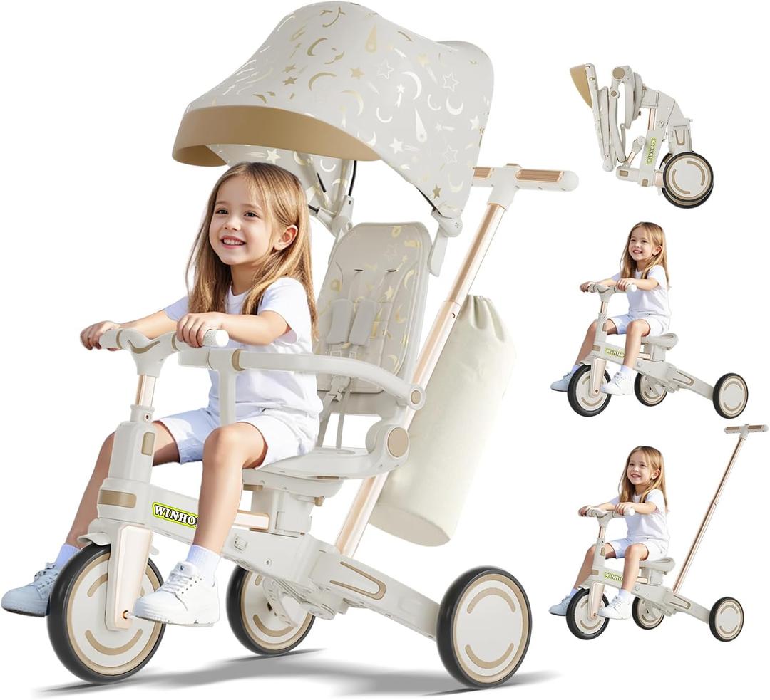 WinHope 9-in-1 Push Tricycle for Toddlers 1-3 Years | Convertible Kids Trike with Adjustable Parent Handle & Safety Harness, Lightweight Foldable Design + Storage Basket for Boys & Girls (White), 19.7 Inches X 28.7 Inches X 37.8 Inches