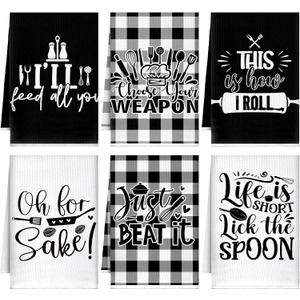Bencailor 6 Pcs Black White Plaid Kitchen Towels Decorative Sets Dish Towels Absorbent Fast Drying Hand Tea Vintage Hanging Reusable Cleaning Dishcloths for Cooking Farmhouse Bathroom Accessory