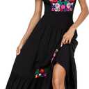 Women's Summer Maxi Dress Casual Floral Embroidered Round Neck Short Sleeve Ruffle Tiered Dress Flowy Boho Beach Sundress (Black, S)