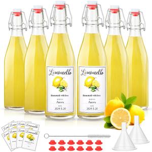 Maxcheck 6 Set 16 oz Plastic Wine Bottles Set with Labels Stickers Airtight 750ml Empty Clear Liquor Bottles with Lid for Homemade Extracting Liqueur Suitable for Gift Giving