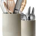 LE TAUCI Utensil Holder for Kitchen Counter, 7.3"+5.4" Fluted Ceramic Utensil Crock Organizer for Countertop, Heavy Large Holder for Spatulas, Spoons, Set of 2, Oatmeal Greige