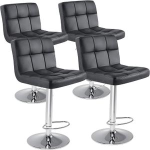 Sweetcrispy Bar Stools Set of 4, Armless PU Leather Adjustable Swivel Barstools, Hydraulic Kitchen Counter Height Thickened Seat Cushion Square Island Countertop Chairs with Back, Black