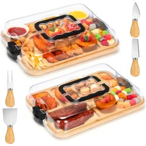 Patelai 2 Sets Charcuterie Board with Lid Compartment and Handle, Include 2 Pcs Portable Travel Lid Bamboo Charcuterie Board and 4 Cheese Tools Sets, Serving Tray for Party, Picnic, Housewarming Gifts
