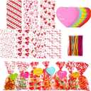 182 PCS Valentines Gift Bags Valentine Cellophane Bags, 7 Assorted Styles Valentine Treat Bags Valentine Goodies Bags with 35 PCS Gift Tags & 200 PCS Twist Ties for Valentines Party Favors Supplies