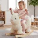 labebe Baby Rocking Horse, Plush Rabbit Animal Rocker, Wooden Rocking Horse with Seat Belt, Kid Ride On Toy for 12M+ Baby Girls, Nursery Birthday