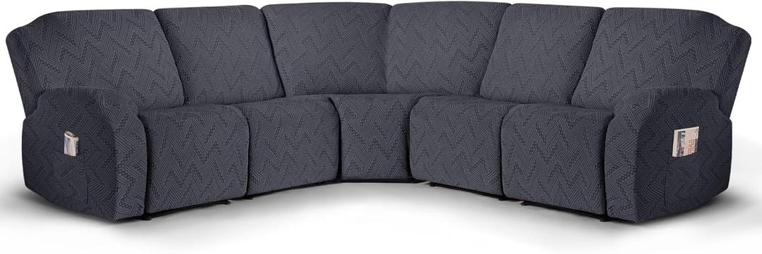 Ruaozz Sectional Sofa Covers Oversized L Shape 5 Seat Recliner Couch Covers - Washable Soft Extra Large Sectional Covers with Pockets (Dark Gray)