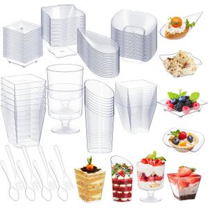 Tessco for you 160 Pcs Mini Appetizer Plates Dessert Cups Spoons Forks Set Dessert Containers Assorted Shape Plastic Parfait Cups Disposable Spoon Forks for Party Serving (Clear)