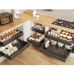 6 Pack Pull out Cabinet Organizer 21"Deep with Raising Pad for Framed Cabinets, Expandable Slide out Drawers for Kitchen Cabinets with 6pcs Divider Racks, Roll out Shelves 12.1"-20.4" W Black