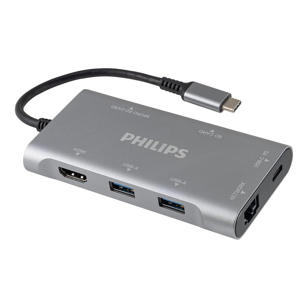 Philips USB C Hub with Power Pass-Through, 7-in-1 Multiport Adapter, 1 HDMI 4K@30Hz, 60W USB-C Power Delivery, 2 USB 3.0, 1 Ethernet, 1 SD 1 MicroSD Card Reader, DLK9120C/27