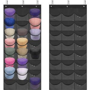 Hat Rack for Baseball Caps, 24 Pocket Over the Door Hat Organizer with 3 Hooks, Hat Holder for Door with Large Clear Pockets, Hat Storage to Protect and Display, Black - 1 Pack