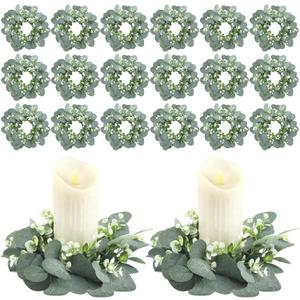 Panelee 20 Pcs Wedding Candle Rings Wreaths Green Eucalyptus Leaves Artificial Leaf Boho Candle Pillars Holder