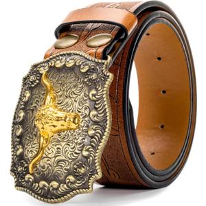 Mawjom Western Cowboy PU Leather Belt - Men Waist Strap Bull Decoration Floral Engraved for Jeans 25" to 38" Waist (Brown)