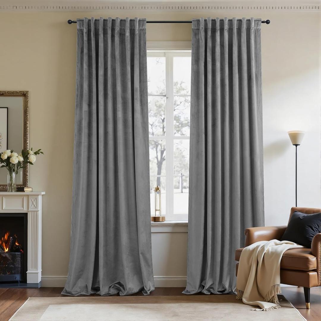 Gray Velvet Curtains 96 Inches Long Grey Thermal Insulated Thick Plush Velvet Blackout Curtains Noise Reduce Back Tab Rod Pocket Luxury Panels for Bedroom Living Room Dining 2 Panels 52x96 Inch Length
