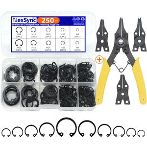 250-Piece C-clip Internal Retaining Rings, Snap Rings Assortment Kit(M8-M20), 1x Spring Tool Pliers with Extra 3 Convertible Jaws