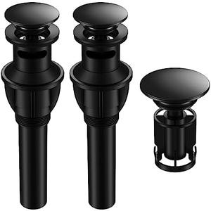 Bathroom Sink Drain with Overflow, Universal Bathroom Sink Stopper for Bathroom Vanity Vessel Sink, Rapid Draining Plastic Pop-up Sink Drain with Hair Catcher Anti-Clog Strainer, Pack of 2, Matte Black