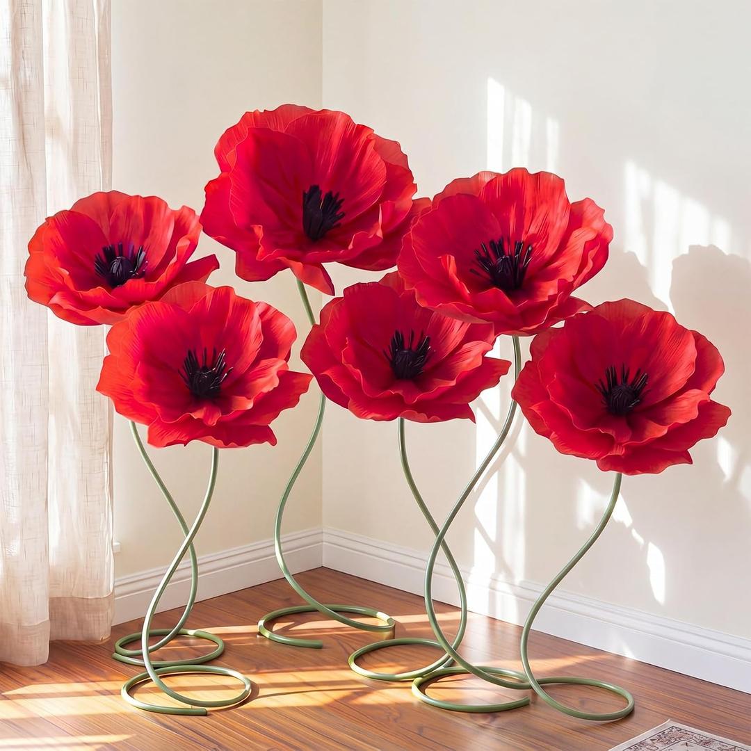 6 Pcs 5ft Large Red Poppy Flowers Giant Artificial Poppy