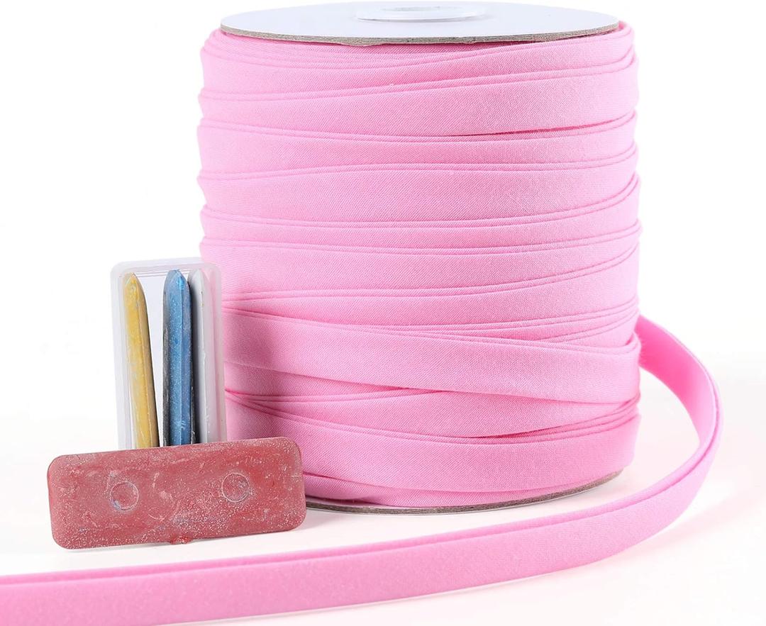 Bias Tape Double Fold 1/2 inch, Double Fold Bias Binding Tape 55 Yards (Pink) and 4 Pieces Sewing Fabric Chalks for Crafts, Sewing, Seaming, Hemming, Piping, Quilting.