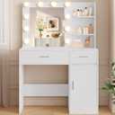 LIVELYGLOW White Makeup Vanity with 10 Hollywood Light Bulbs, 35.4" Wide Dressing Table with Large Mirror & Dimming Function, Small Space Vanity Desk with 2 Drawers, Storage Cabinet & Shelves