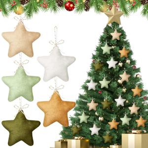 24 Pcs Sage Green Star Ornaments for Christmas Tree Small Velvet 3.94 Inch Christmas Star Ornaments Xmas Hanging Decorations Neutral Boho Flocked Farmhouse Holiday Decor