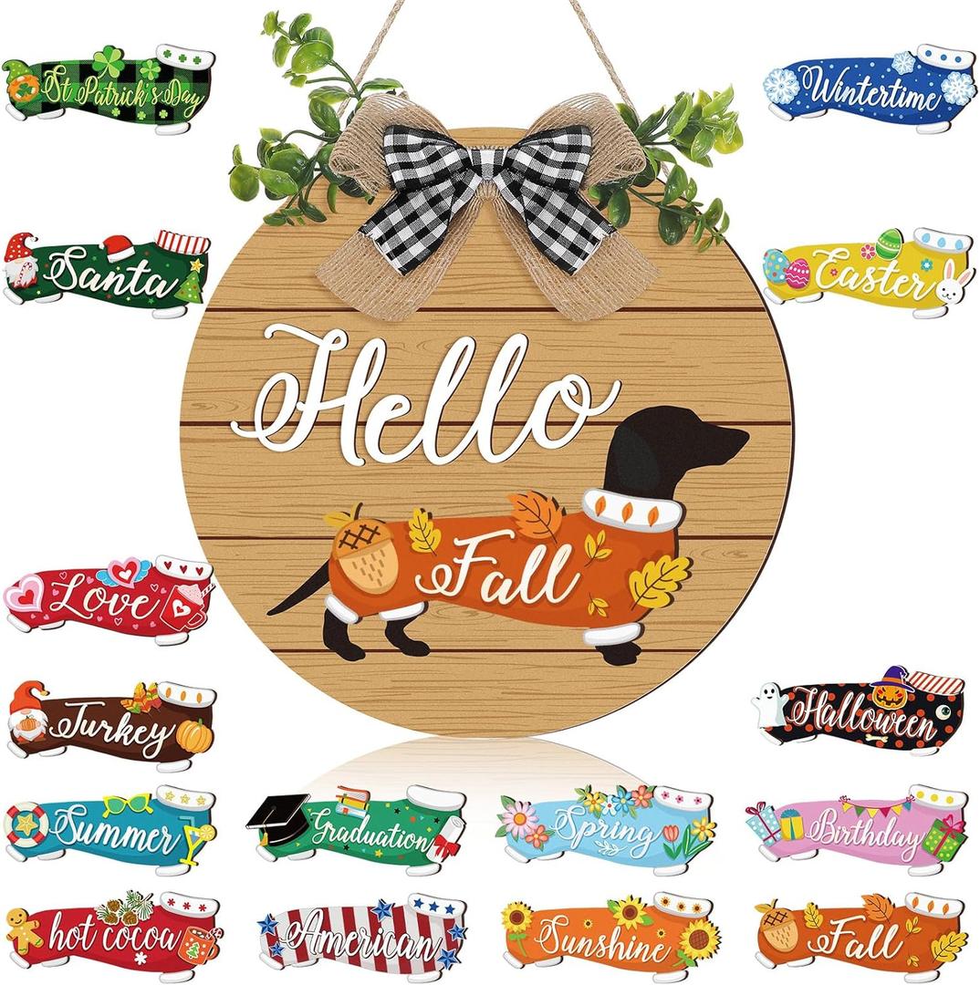 Glenmal 16 Pcs Seasonal Interchangeable Dachshund Door Decor Cute Replaceable Easter Welcome Sign Seasonal Farmhouse Front Door Signs Wood Home Sign (Brown)