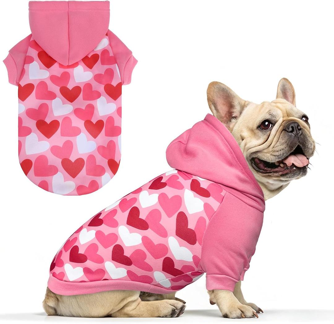 EXPAWLORER Valentine's Day Dog Hoodie,Soft and Warm Dog Sweater,Winter Autumn Fleece Sweatshirt with Cute Heart Pattern,Pet Clothes Outfits for Puppy,Cat, Small 