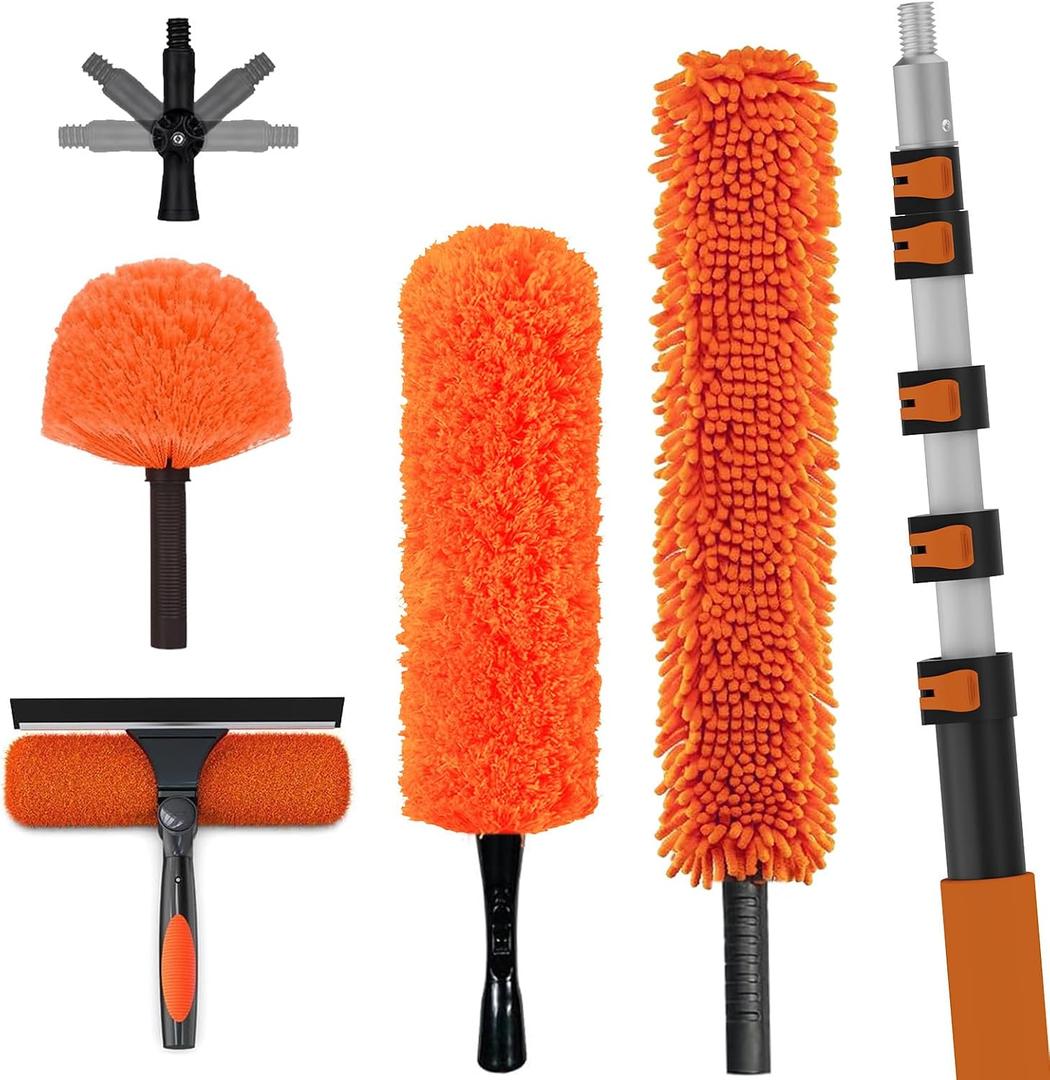 LAANPOLE 30FT High Reach Duster Cleaning Kit with Extension Pole, High Ceiling Fan Cleaner Duster Tool for Fan Blades, Window Washing Kit with Microfiber Feather Duster & Window Squeegee, 24FT