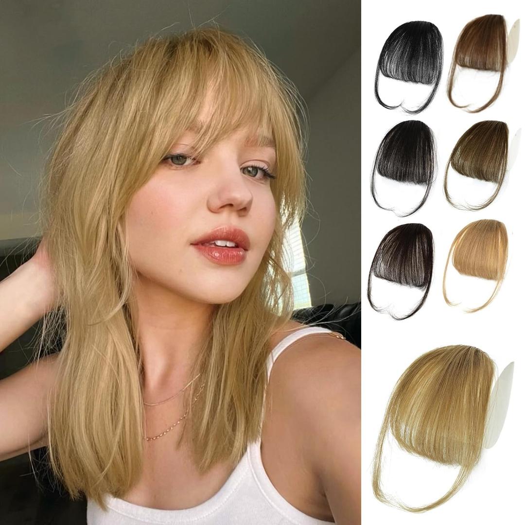 NAYOO Bangs Hair Clip- Ash Blonde Fake Bangs 100% Real Human Hair Extensions Wispy Bangs for Women Fringe with Temples Hairpieces