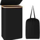 LONBET Laundry Basket with Lid, Made from Breathable Fabric | Aesthetic Clothes Hampers for Laundry with Side Handles & Sturdy Bamboo Frame (13 Gallons - Box, Black)