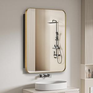 16" x 26" Bathroom Medicine Cabinet with Mirror Door, Brush Gold Stainless Steel Frame, Recessed or Surface Mounted,Storage Cabinet with Adjustable Metal Shelves,Upgraded Version