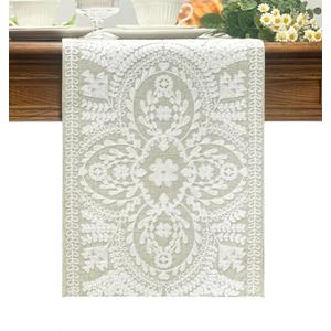 Boho Table Runner 72inches Long, Farmhouse Linen Table Runner, Rustic Vintage White Embroidered Table Runners 13x72 Inch for Dining Table Decorations
