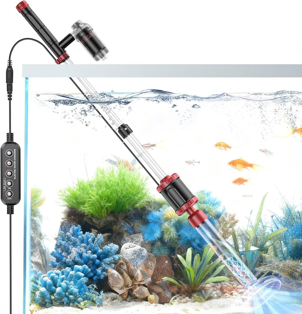 AKKEE Aquarium Vacuum Gravel Cleaner, 36W Electric Fish Tank Cleaner Vacuum, 8 In 1 Multifunctional Aquarium Cleaner for Automatic Water Change, Wash Sand, Water Circulation and Timed Off (Red)