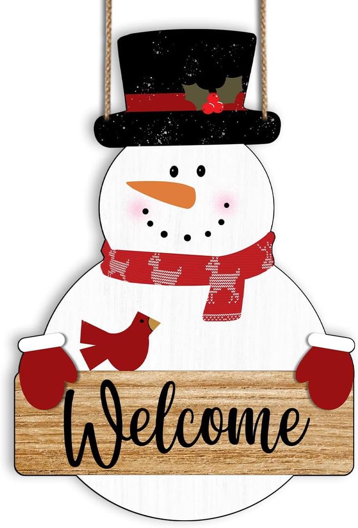 Snowman Merry Christmas Welcome Sign - Snowman Christmas Door Hanger - Hello Winter Snowflake Round Wooden Decor for Tree, Front Door, Porch, Wall, Party Hanging Decorations, 10X10 Inches -B09