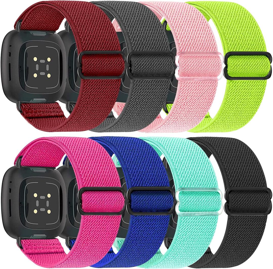 8 Pack Elastic Bands Compatible with Fitbit Versa 3 & Fitbit Versa 4 & Fitbit Sense & Fitbit Sense 2, Adjustable Nylon Sport Strethy Wristband for Fitbit Versa 3 / Versa 4 Smartwatch Women Men (B-Blue+Fluorescent Yellow+Water Blue+Burgundy+Pink+Gray+Fluorescent Plum+Black)