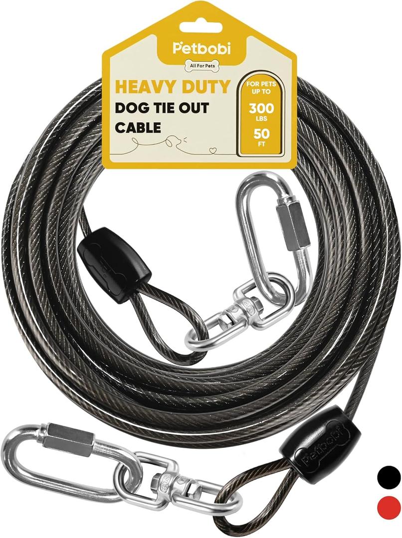 Petbobi Heavy-Duty Dog Tie-Out Cable - 50FT Extra Strong Wire Cable for Large Pets Up to 300Lbs, Rust Proof Dogs Leash with Carabiners and 360 Swivel, Pet Leads for Yard Camping Outside, Black